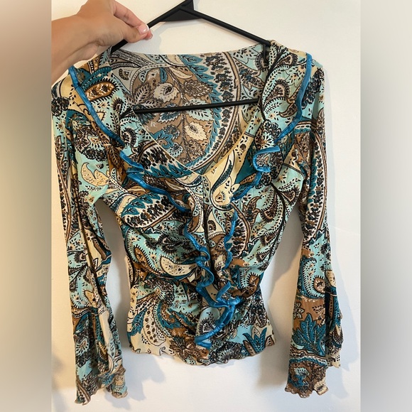 no brand Tops - Women’s Paisley Ruffle Wrap Blouse in Teal & Brown